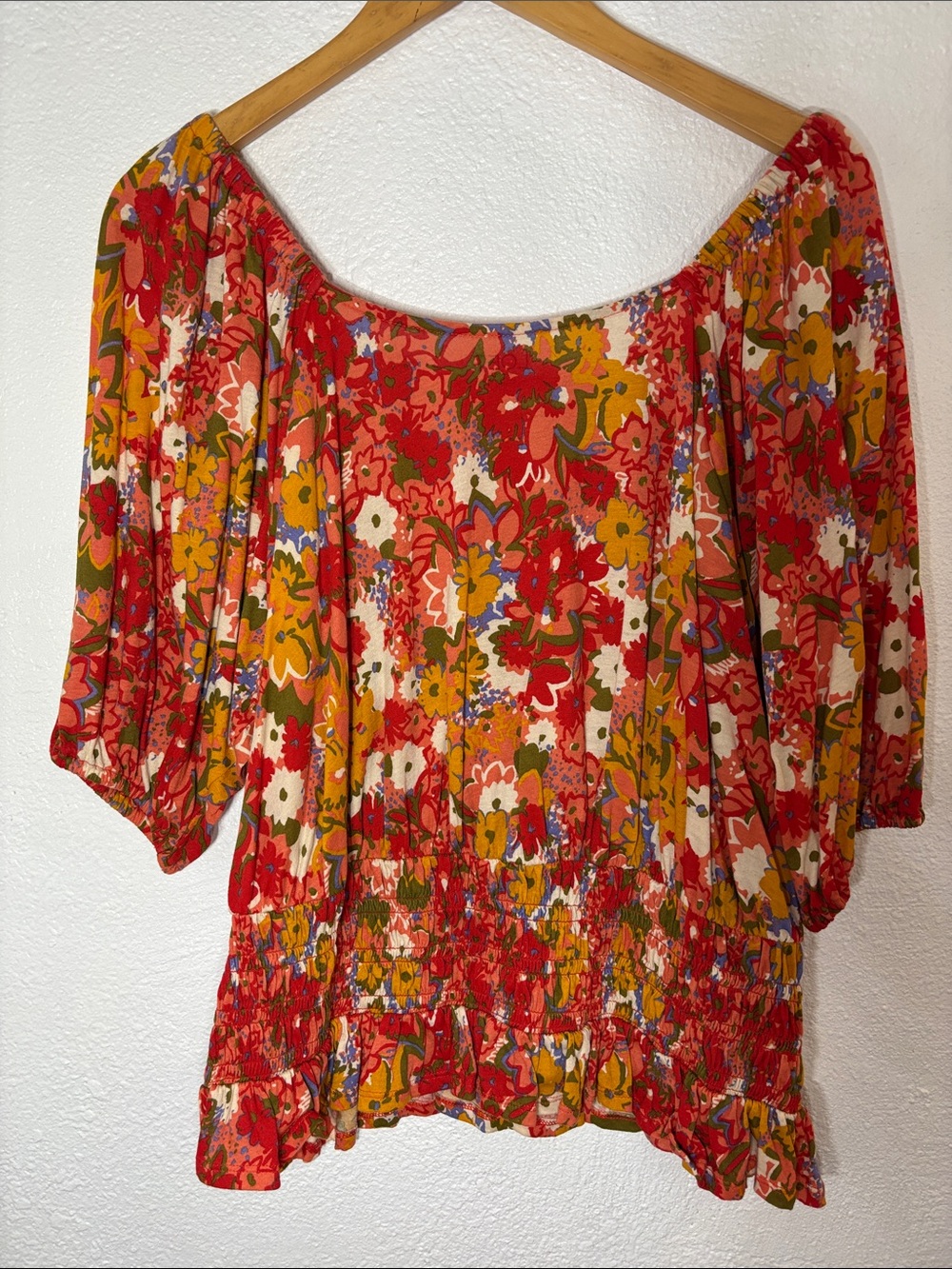 LOFT Red and Mustard Floral Off-Shoulder Blouse